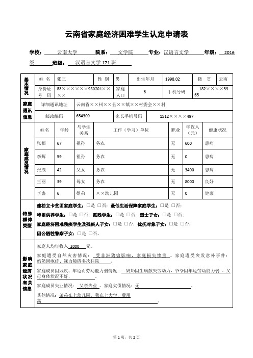 雲南省家庭經濟困難學生認定申請表 學校:雲南大學院系:文學院專業:漢