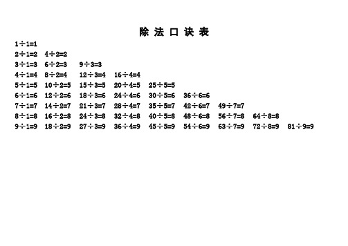 除法口诀表 1÷1=12÷1=24÷2=23÷1=36÷2=39÷3=34÷1=48÷2=412÷3