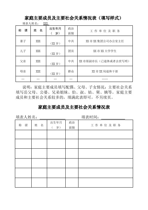 家庭主要成员及主要社会关系情况表(填写样式 填表人姓名:xxx称 谓