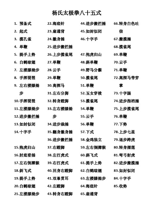 杨氏太极拳八十五式 1.预备式 2.起式 3.揽孔雀 4.单鞭 5.提手上势 6.