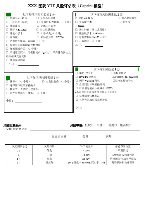 xxx医院vte风险评估表(caprini模型)