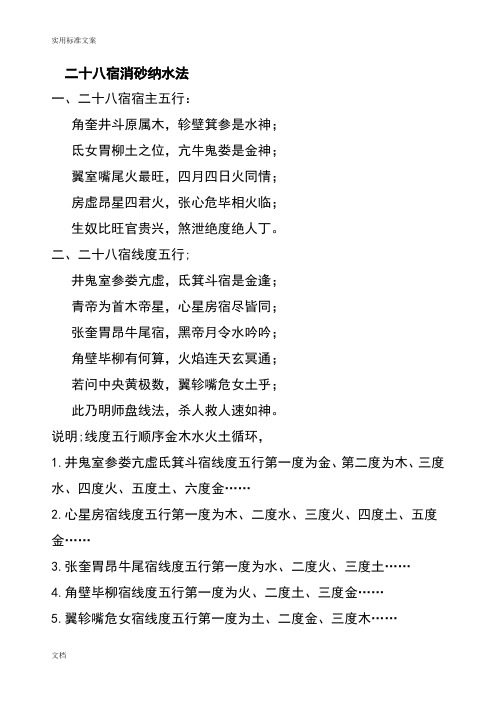 二十八宿消砂纳水法 一,二十八宿宿主五行:角奎井斗原属木,轸壁箕参是