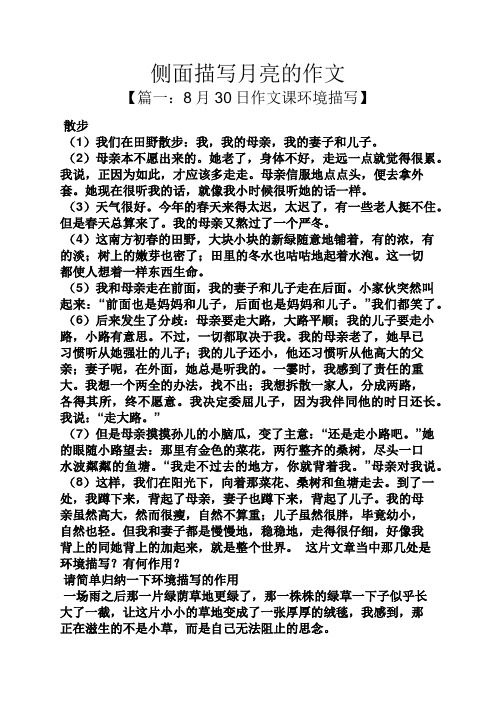 侧面描写月亮的作文 【篇一:8月30日作文课环境描写】 散步 (1)我们在