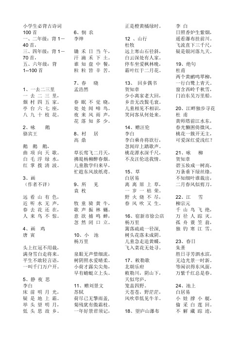 小学生必背古诗词100首 一,二年级:背1-40首, 三,四年级:背1-70首, 五