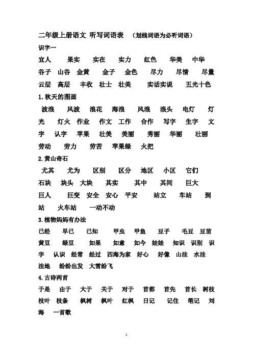 二年级上册语文听写词语表(划线词语为必听词语) 识字一 宜人果实实在