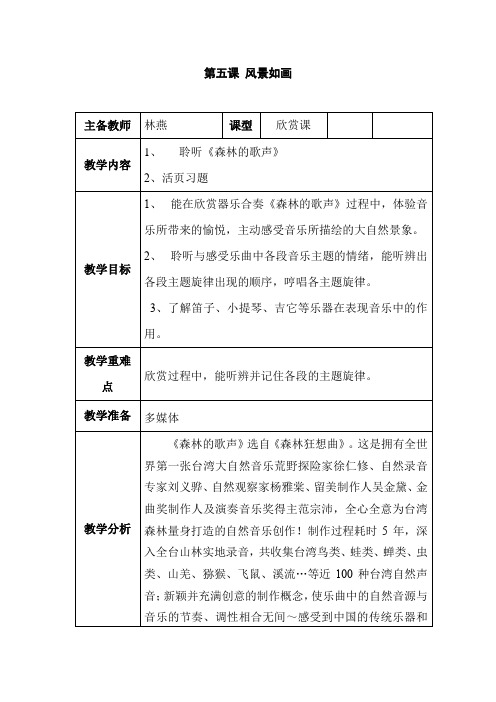 风景如画 主备教师|林燕|课型|欣赏课|教学内容|1,聆听《森林的歌声》