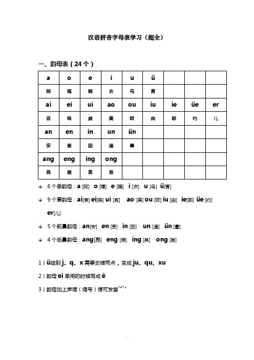 汉语拼音字母表学习(超全) 一,韵母表(24个)a||e|i|u|ü||||阿|喔|鹅
