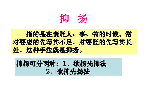 抑扬 指的是在褒贬人,事,物的时候,常 对要褒的先写其不足,对要贬的先