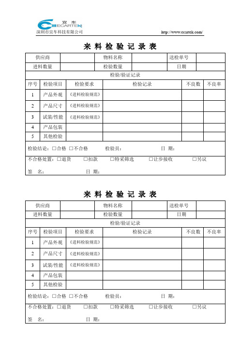 来料检验记录表 供应商|物料名称|送检单号|进料数量|检验数量|日期