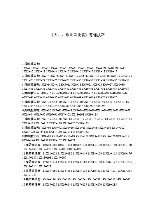 《大九九乘法口诀表》背诵技巧 1乘的乘法有: 1x1=1 1x2=2 1x3=3 1x4=