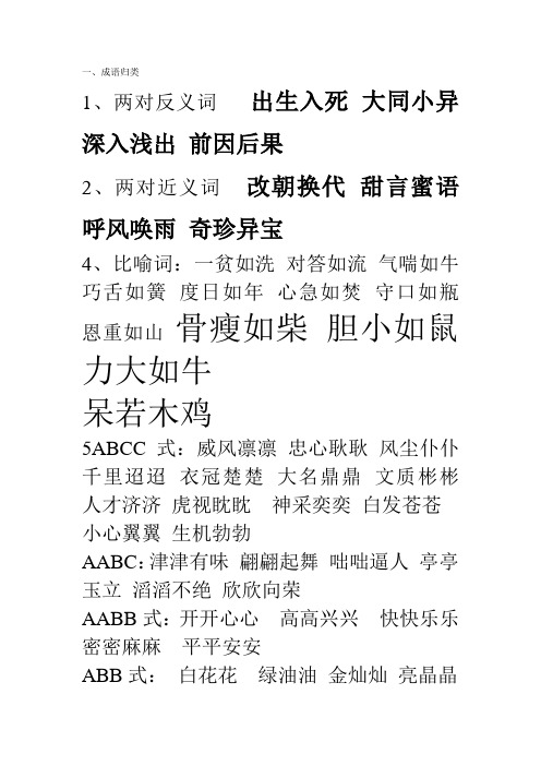 一,成语归类 1,两对反义词出生入死大同小异深入浅出前因后果2,两对