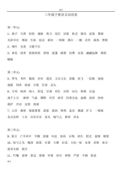 三年級下冊語文詞語表 第一單元:1,燕子烏黑輕快翅膀剪刀尾巴活潑機靈