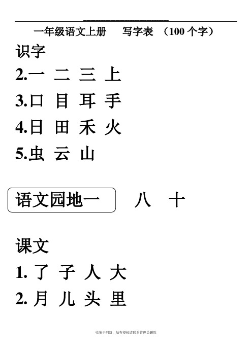 一年級語文上冊寫字表(100個字) 識字 2.一二三上 3.口目耳手 4.