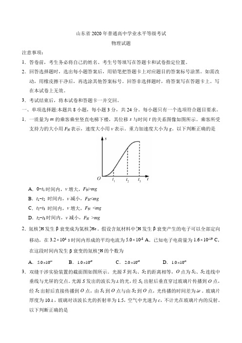 山东省2020年普通高中学业水平等级考试 物理试题 注意事项 1.