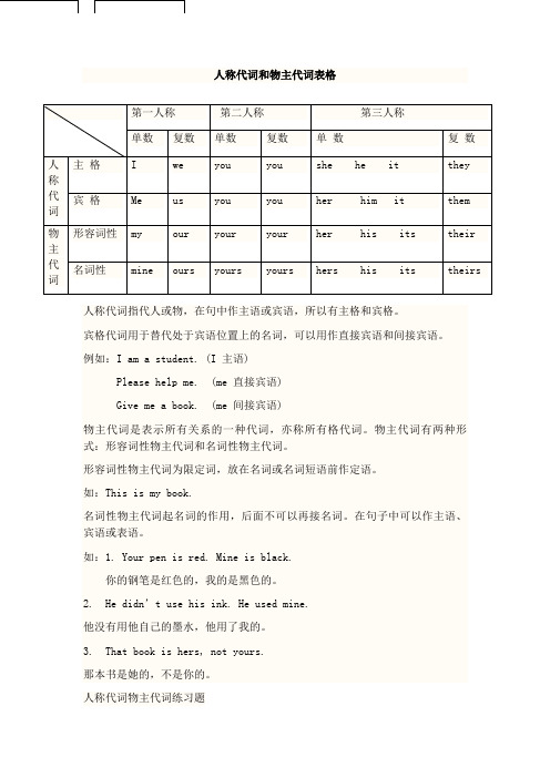 人称代词和物主代词表格 第一人称| 第二人称| 第三人称| 单数|复数