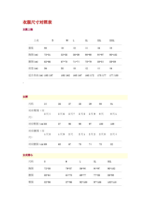 衣服尺寸对照表 女款上装 上衣|s|m|l|xl|xxl|xxxl| 服装|38|40|42|44