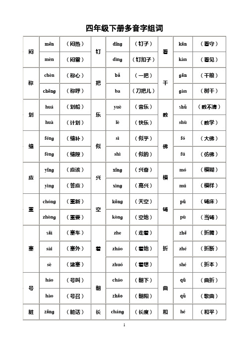 四年级下册多音字组词 闷|mēn|(闷热)|钉|dīnɡ|(钉子)|看|kān