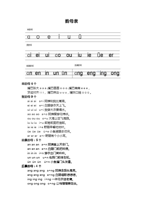 复韵母9个 aiaiaia i阿姨和我比高矮. eieieie i白鹅穿衣天上飞. u