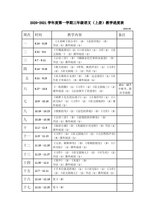 2020-2021学年度第一学期三年级语文(上册)教学进度表 2020.
