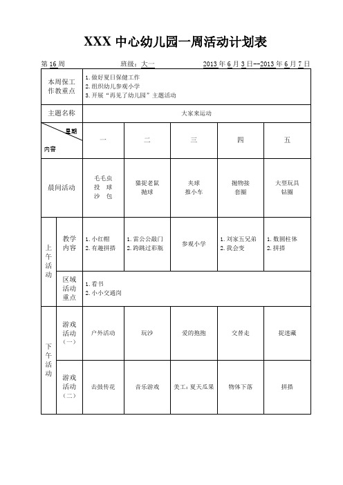 xxx中心幼儿园一周活动计划表 第16周班级:大一2013年6月3日--2013年6