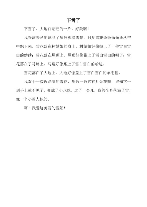 大地白茫茫的一片.好美啊! 我兴高采烈的跑到了屋外观看雪景.