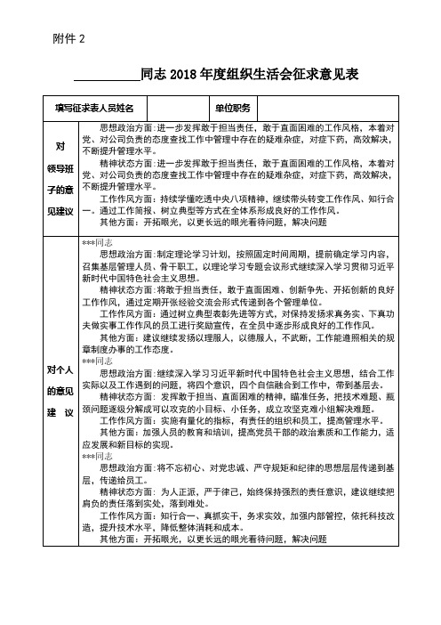 同志2018年度组织生活会征求意见表 填写征求表人员姓名|单位职务|对