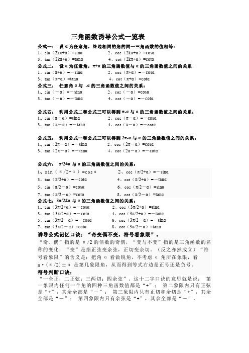 三角函数诱导公式一览表 公式一:设α为任意角,终边相同的角的同一