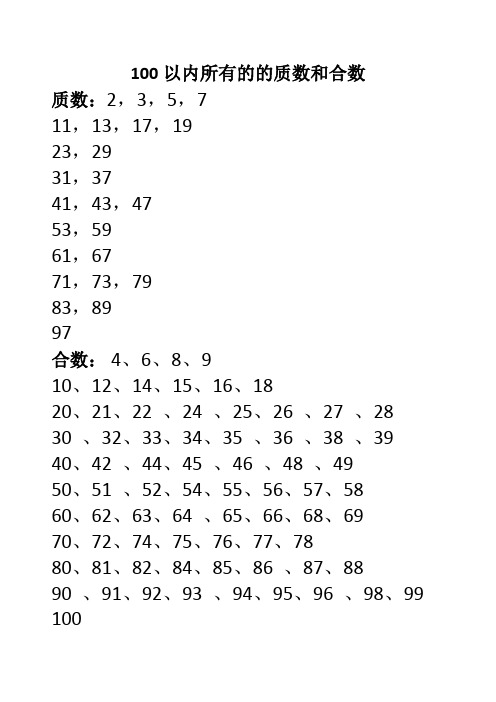 100以內所有的的質數和合數 質數:2,3,5,7 11,13,17,19 23,29 31,37