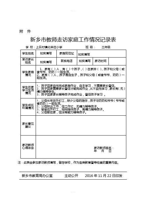 附件 新乡市教师走访家庭工作情况记录表 学校:上乐村镇北辛庄小学