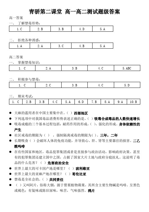 青驕第二課堂 高一高二測試題級答案 高一答案 一,瞭解禁毒形勢: 1.