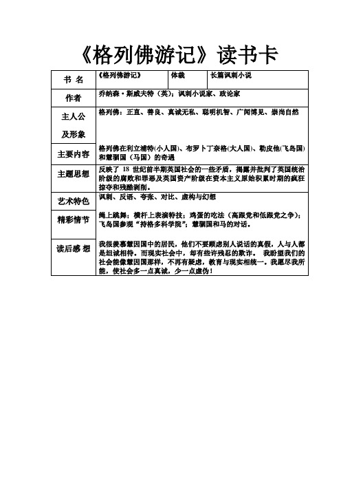 《格列佛游记》读书卡 书名|《格列佛游记》|体裁|长篇讽刺小说| 作者