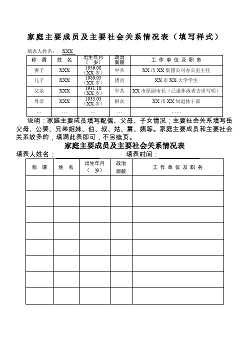 家庭主要成员及主要社会关系情况表(填写样式 填表人姓名:xxx称 谓