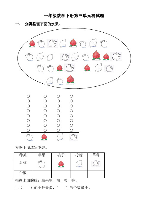 一年级数学下册第三单元测试题一,分类整理下面的水果.