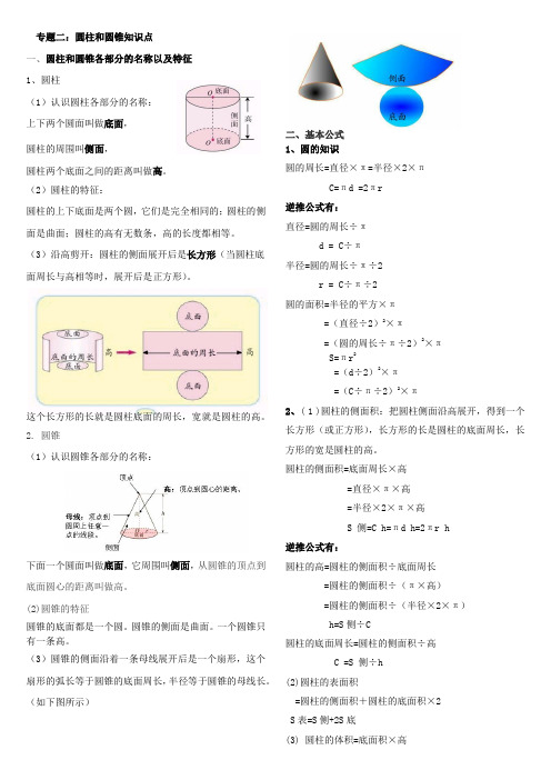 專題二:圓柱和圓錐知識點 一,圓柱和圓錐各部分的名稱以及特徵 1,圓柱