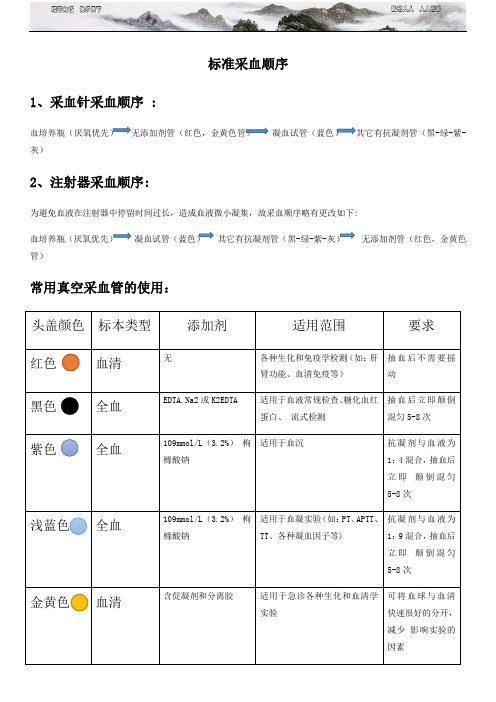 标准采血顺序 1,采血针采血顺序 : 血培养瓶(厌氧优先) 无添加剂管