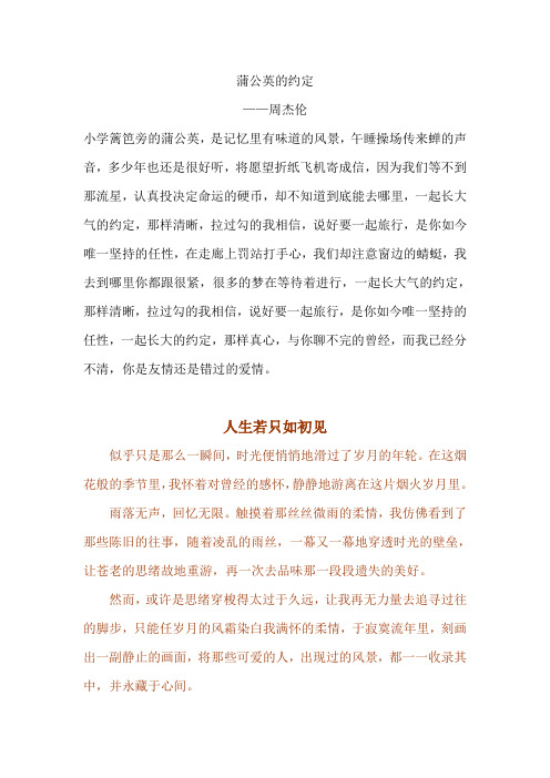 蒲公英的约定 ——周杰伦 小学篱笆旁的蒲公英,是记忆里有味道的风景