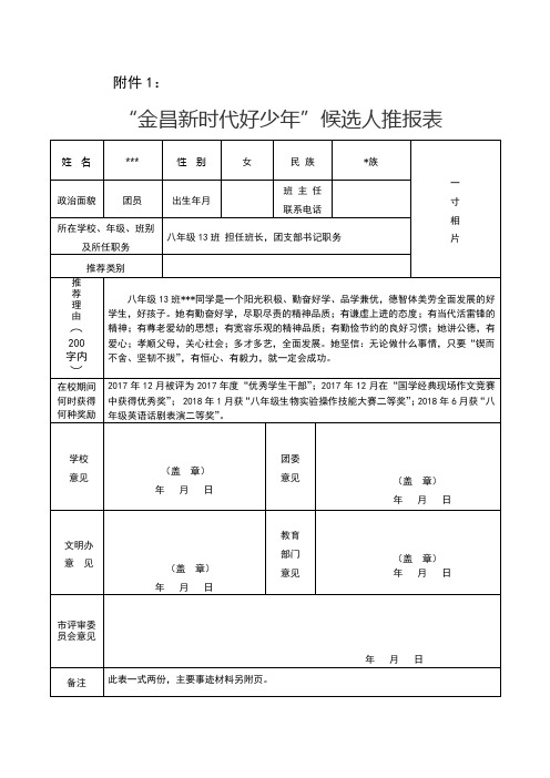 附件1"金昌新时代好少年"候选人推报表 姓名*