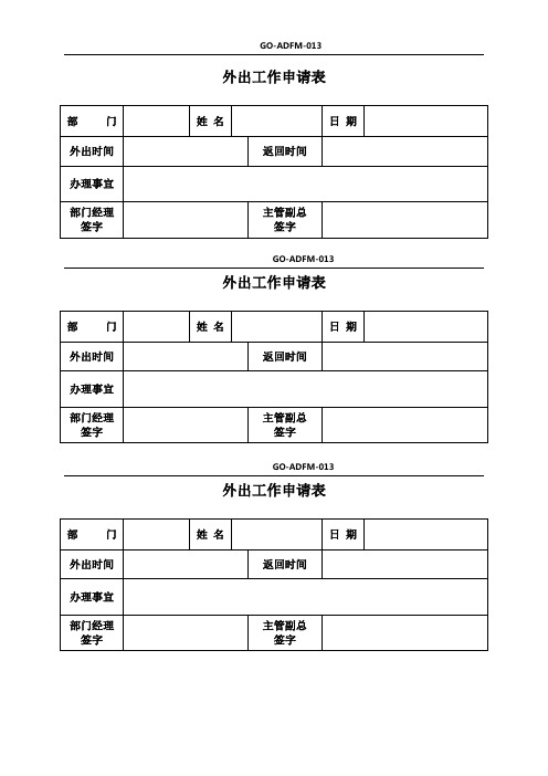 外出工作申请表 部门|姓名|日期|外出时间|返回时间|办理事宜|部门