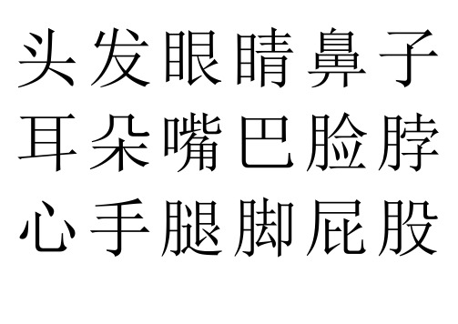 頭髮眼睛鼻子耳朵嘴巴臉脖心手腿腳屁股好吃飯面桌子椅筷碗勺肉鬆魚湯