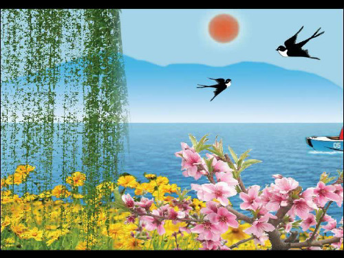 岸边的柳树( ),她像个 小燕子摆着( )的尾巴在 ( )的天空中一边飞