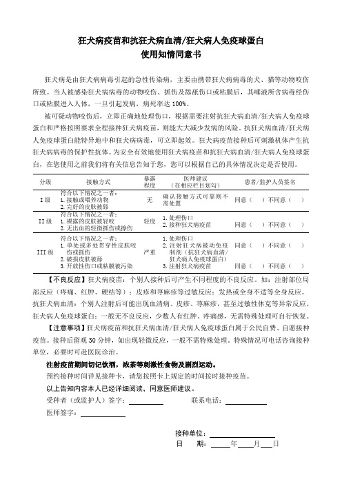 狂犬病疫苗和抗狂犬病血清/狂犬病人免疫球蛋白 使用知情同意書 狂犬