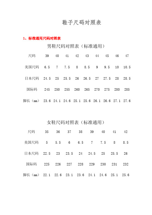 鞋子尺碼對照表 1,標準通用尺碼對照表 男鞋尺碼對照表(標準通用)