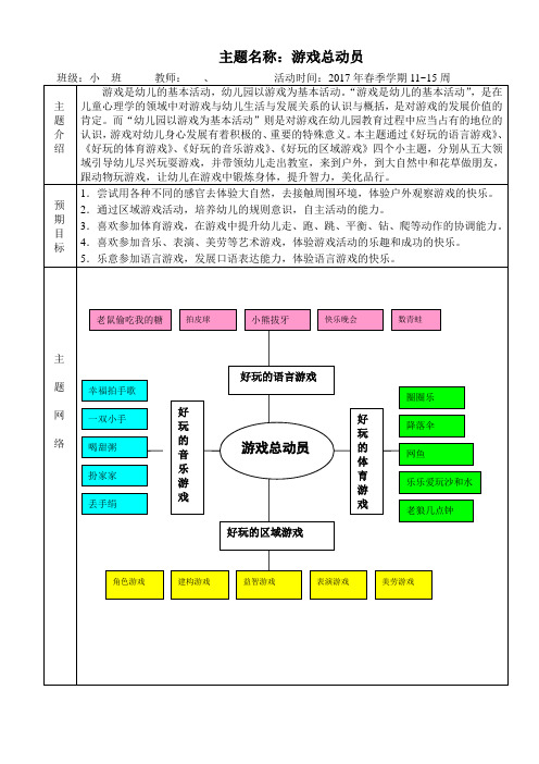 2017年春季学期11~15周 主|题|介|绍|游戏是幼儿的基本活动,幼儿园以
