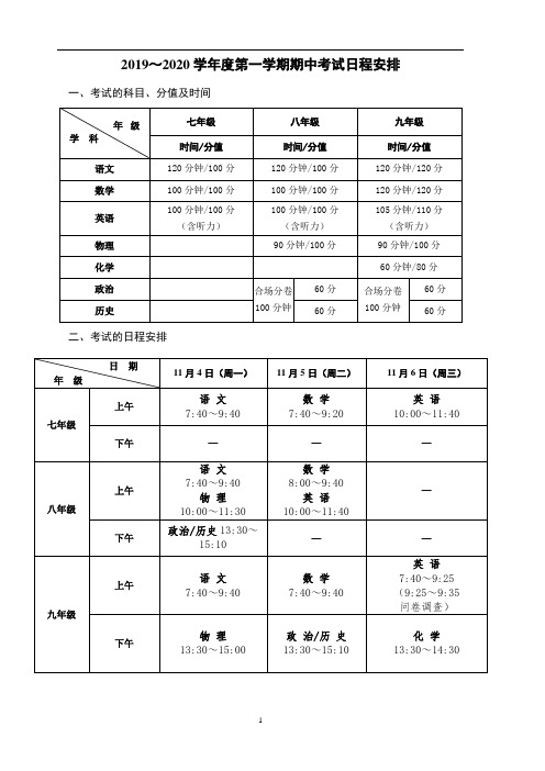 安排 一,考試的科目,分值及時間 年級|學科|七年級|八年級|九年級