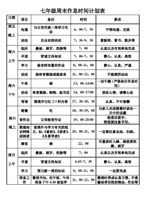 七年级周末作息时间计划表日期|项目|备注|时间|要求 周五|晚上|沟通