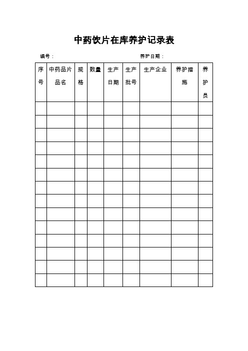 中药饮片在库养护记录表 编号:养护日期 序号|中药品片品名|规格