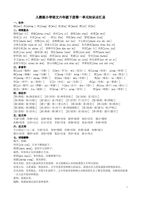 人教版小学语文六年级下册第一单元知识点汇总 一,生字: 挪[nuó] 蒸