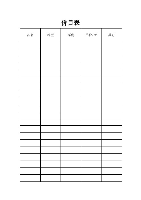 价目表 品名|料型|厚度|单价/㎡|其它