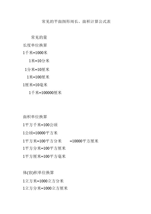 常见的平面图形周长,面积计算公式表 常见的量 长度单位换算 1千米=