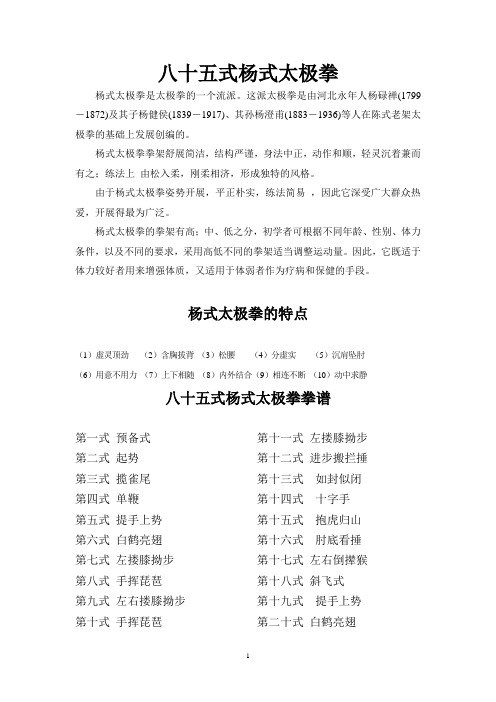 八十五式杨式太极拳 杨式太极拳是太极拳的一个流派.